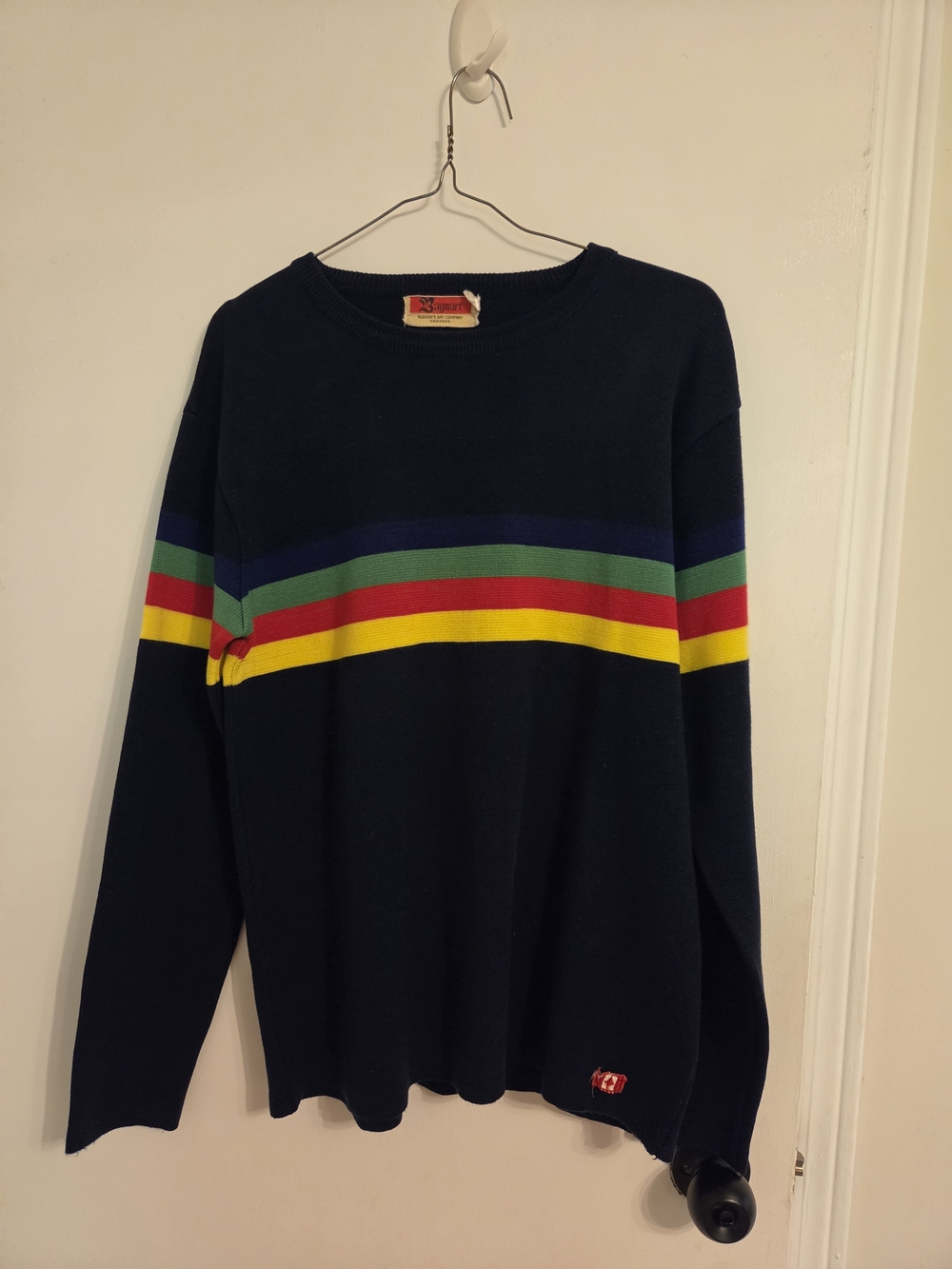 Men's Navy Crewneck Sweater with Multicolor Stripes